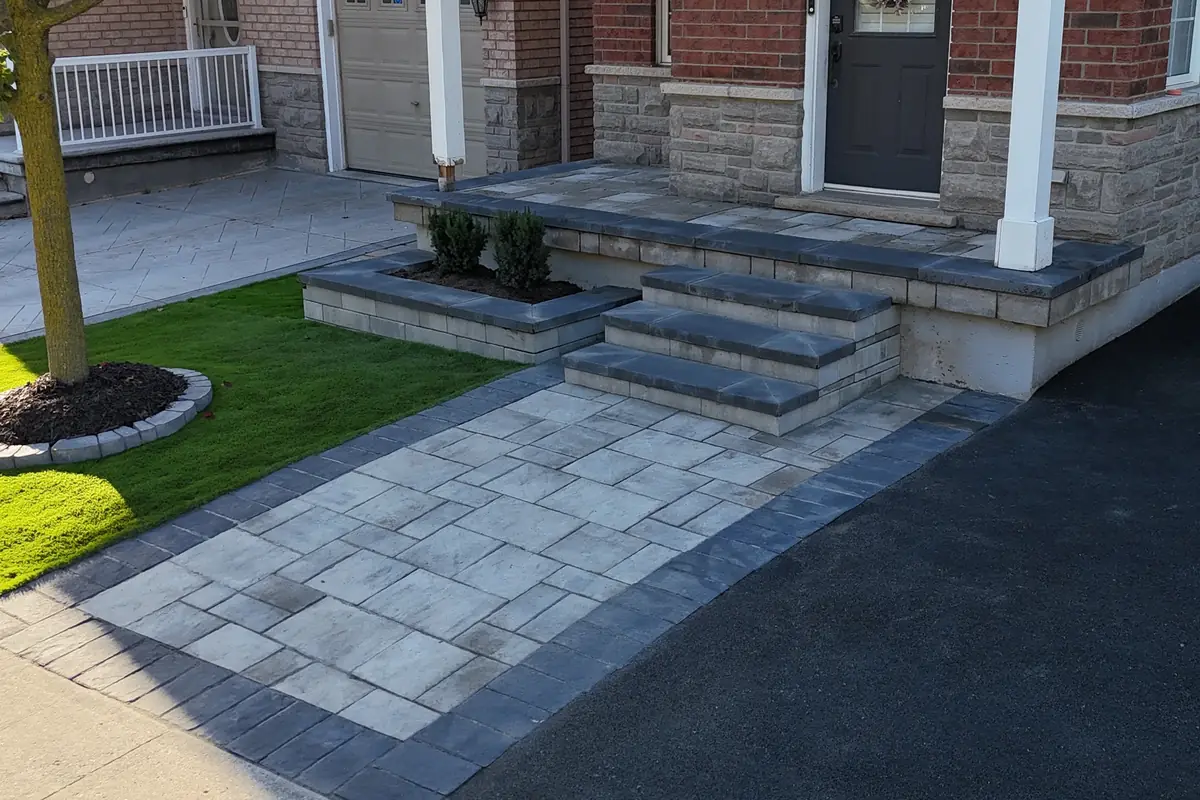 Interlock front steps and walkway beside an asphalt driveway
