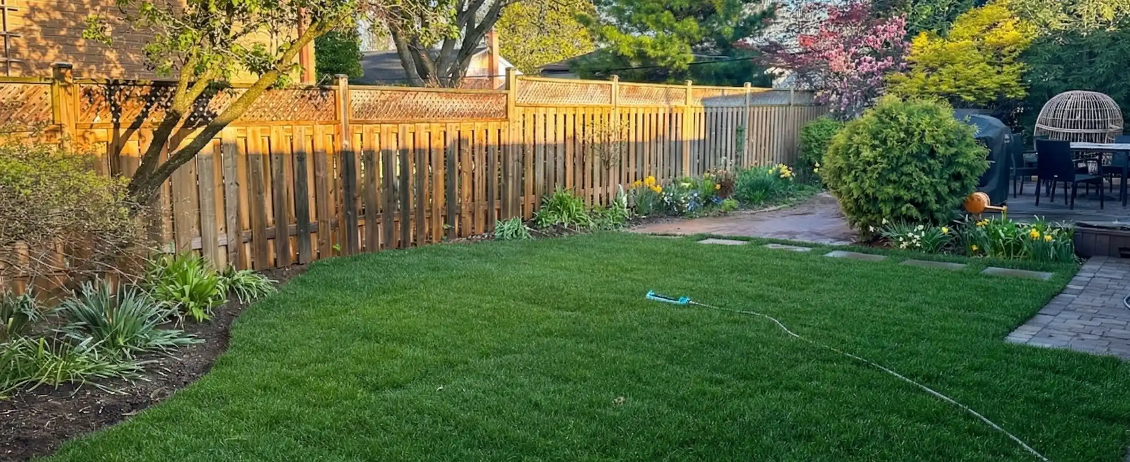 Backyard lawn with garden beds along a wood fence