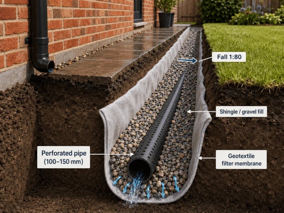 Cross-section of a French drain: perforated pipe in gravel wrapped in geotextile fabric